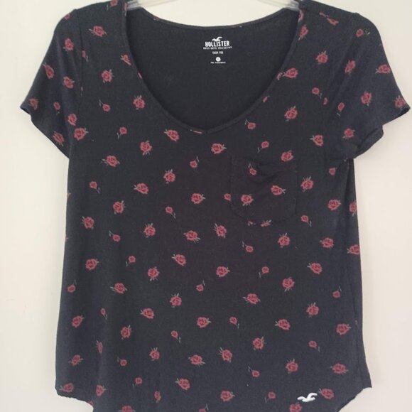 Hollister Easy Tee Floral Print Scoop Neck T-Shirt Women’s Medium Black Stretch - Picture 1 of 8
